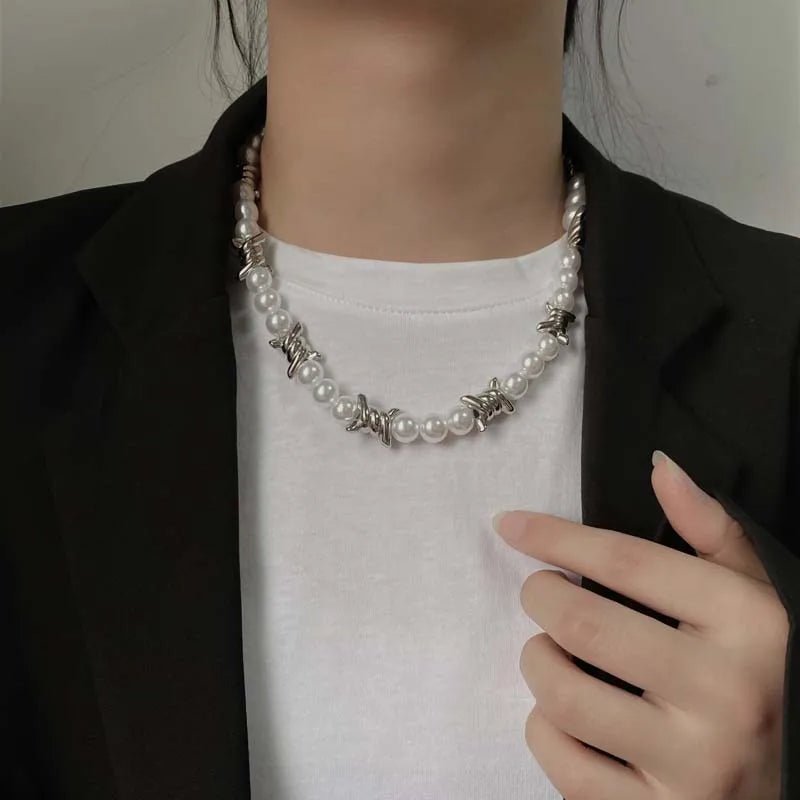 Punk Imitation Pearl Thorns Chain Necklace for Men Women Hip Hop - Avek Brand