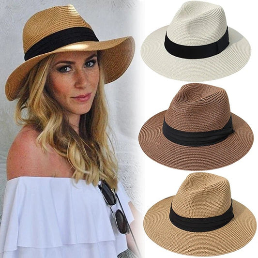 Unisex Panama Straw Hats for Women Men Summer Beach Sun Hat Wide Brim - Avek Brand